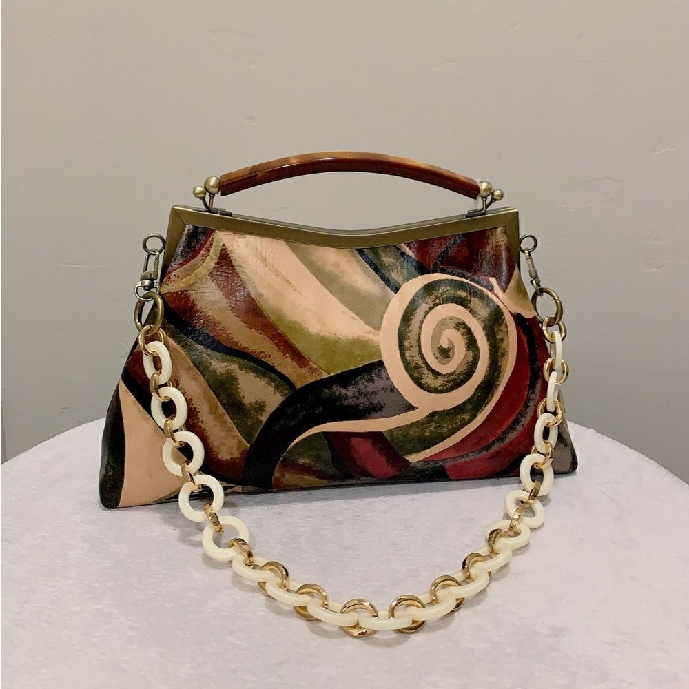 Abstract Print Genuine Cowhide Handmade Double Kisslock Bag with 2 Strap Styles - Picture 3 of 16